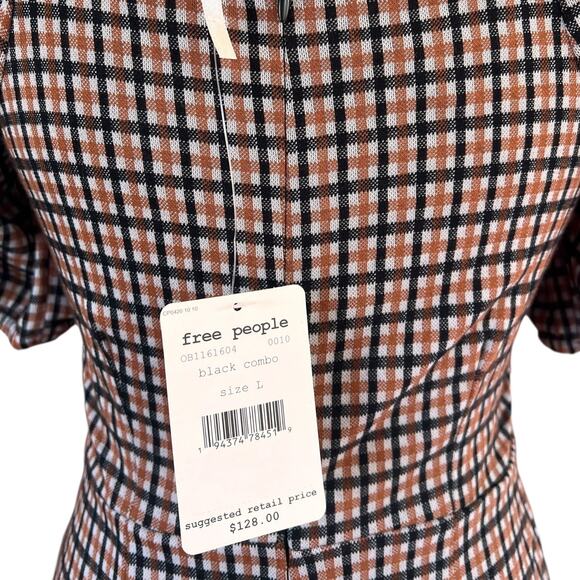 Free People Oxford fall plaid jumpsuit. Orange, black, puff sleeve NWT - Picture 8 of 12